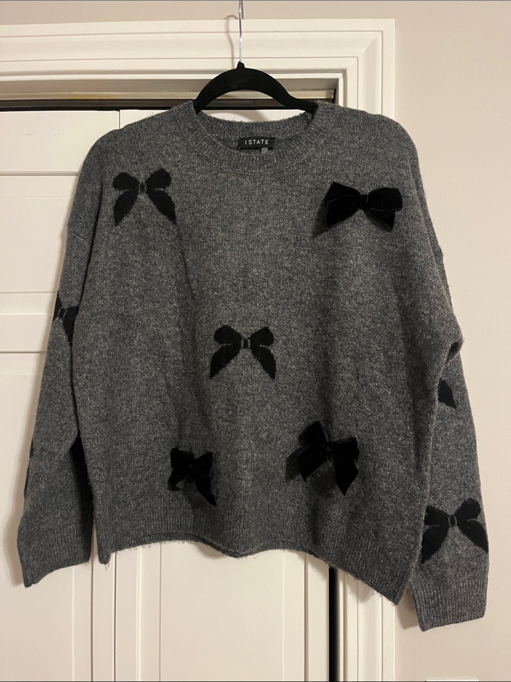 1. State Gray Crewneck Sweater with Black Bow Appliqués